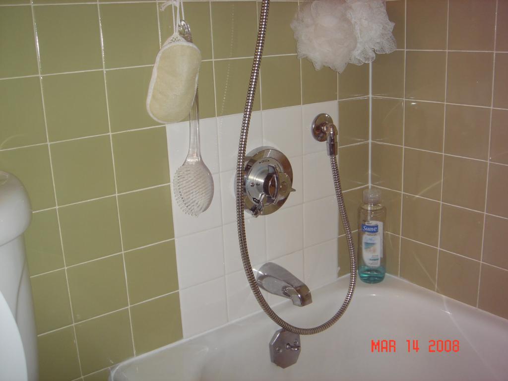 Notice how I plumbed the outlet for the hand-held shower. The old set-up the hose was attached to an outlet on the bottom of the tub spout. This set-up was much cleaner.